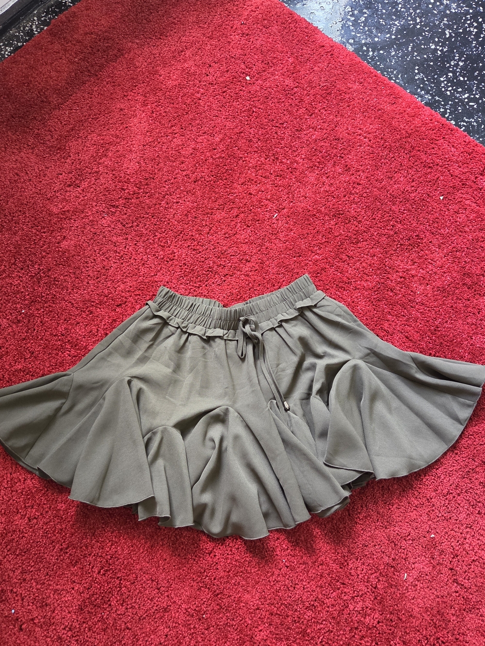 Women’s Olive Green Ruffled Skirt - Casual Drawstring Waist